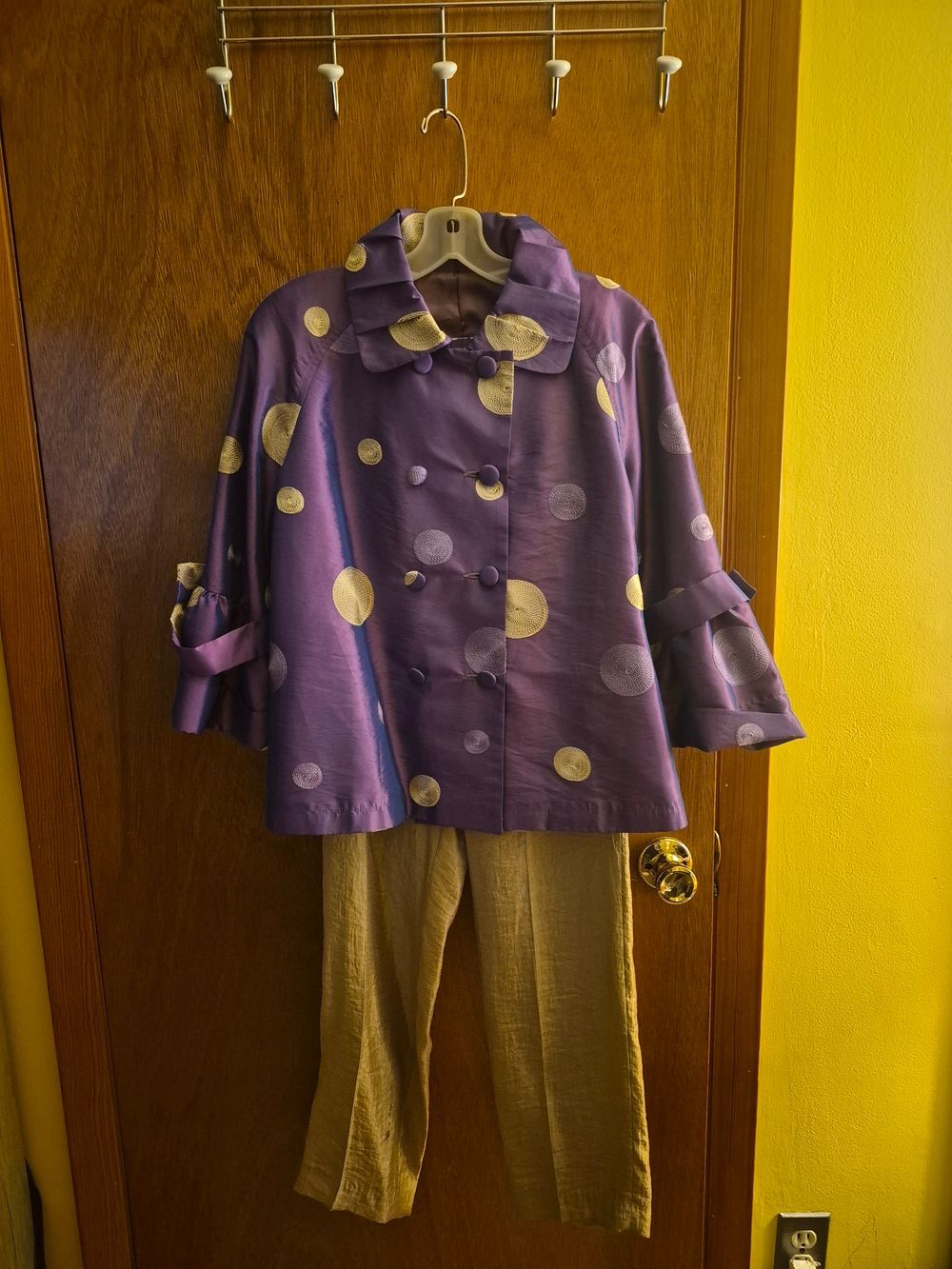 Grace Chuang Purple Polka Dot Women's Jacket, S- M Pants And Top